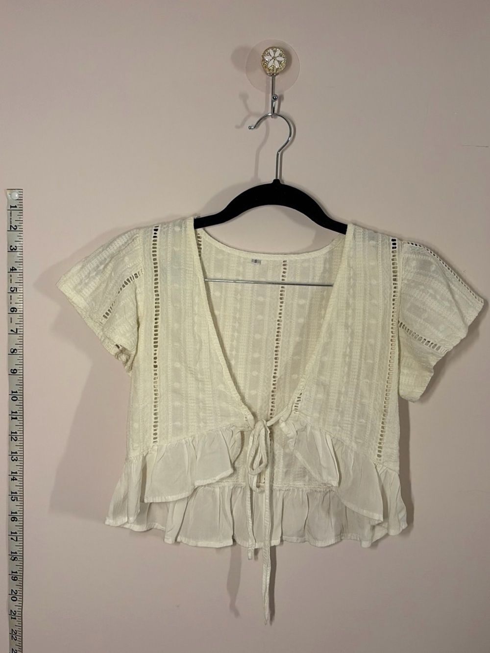White Cotton Tie-Front Ruffle Shoulder Shrug